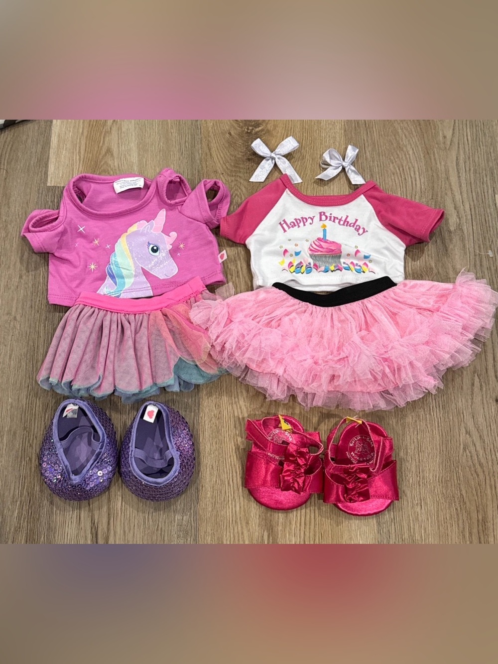Lot 2 Build A Bear Happy Birthday/ Unicorn Outfits 2 Pairs Shoes BABW 10 Pieces